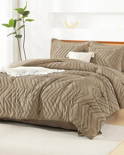 Litanika Oversized King Size Comforter Set with Sheets Taupe - 7 Pieces Bed in a Bag Oversized King Boho Tufted Complete Bedding Sets with Comforter, Sheets, Pillowcases & Shams