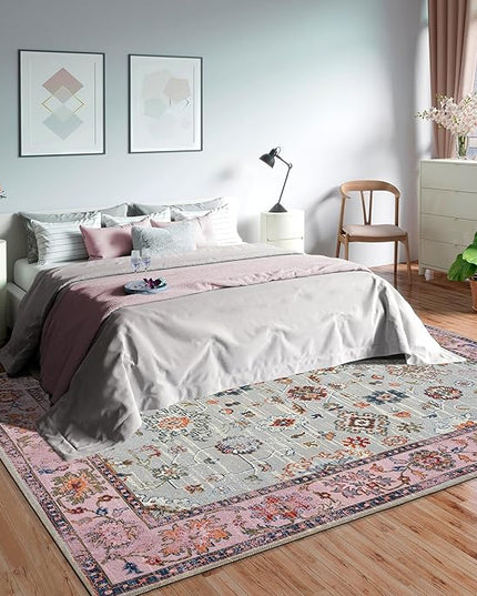 GLN Rugs Traditional Collection - Machine Washable Area Rug, Traditional Washable, Non Slip, Low Pile Chenille Rug, Living Room, Bedroom, Kitchen Rug (9'5"x12' Pink and Gray)
