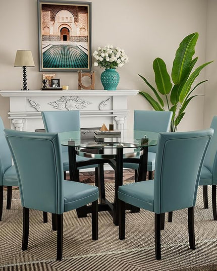 PADMA HOUSE Round Glass Dining Table Set for 6, 45in Modern Kitchen Small Wood Dinner Table with 6 Parsons Leather Dining Chairs 7 Piece Dining Room Table Chair Set, Clear&Light Blue