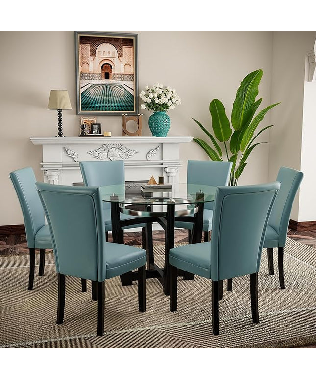 PADMA HOUSE Round Glass Dining Table Set for 6, 45in Modern Kitchen Small Wood Dinner Table with 6 Parsons Leather Dining Chairs 7 Piece Dining Room Table Chair Set, Clear&Light Blue