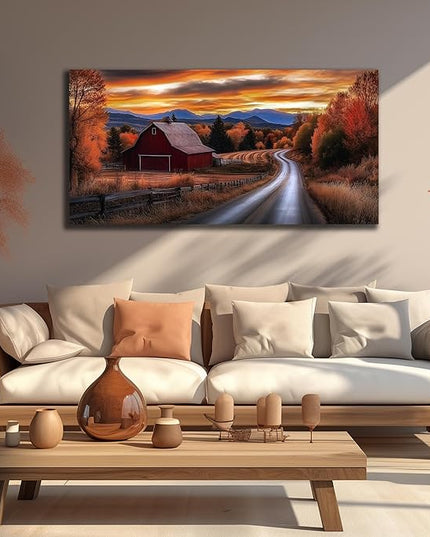 JuhaiArt Fall Wall Decor Red Barn Landscape Wall Art Natural Picture Sunset Scenery Canvas Decor for Living Room Bedroom Rustic Poster 24" x 48"