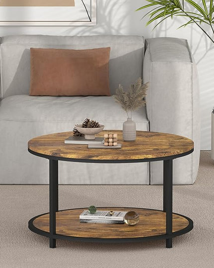 NSdirect Round Coffee Table, 25.6" Small Coffee Table for Living Room,2-Tier Rustic Wood Desktop with Storage Shelf Modern Design Home Furniture(Brown)