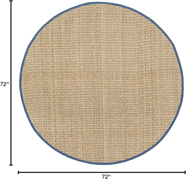 SAFAVIEH Area Rug 6' Round - Natural Fiber Collection - Natural & Navy, Seagrass, Basketweave Pattern with Border (NF114T)