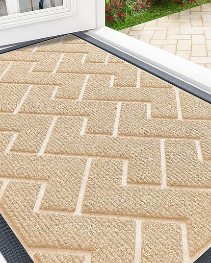 OLANLY Front Door Mat Indoor Outdoor Entrance, Waterproof All-Season, All-Weather Doormat, Sturdy Natural Rubber, Low Profile, Easy Clean Patio Porch Entryway Mat, Herringbone Brick (Beige, 47x32)