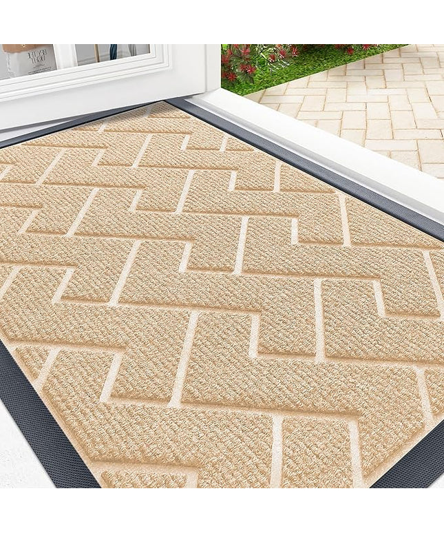 OLANLY Front Door Mat Indoor Outdoor Entrance, Waterproof All-Season, All-Weather Doormat, Sturdy Natural Rubber, Low Profile, Easy Clean Patio Porch Entryway Mat, Herringbone Brick (Beige, 71x23)