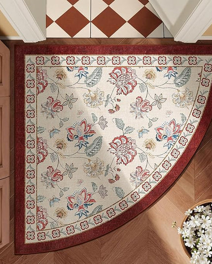jinchan Elora Floral Corner Rug for Entryway Washable Rug Vintage Romance Christmas Design Non Slip Quarter Circle Lightweight Low-Pile Throw Carpet for Playroom Nook Nursery, 4ft Radius, Red/Beige