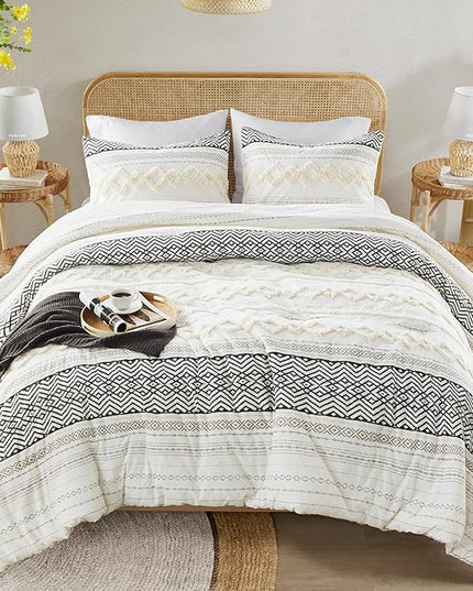 Hyde Lane Farmhouse Bedding Comforter Sets, Ivory Full/Queen Size Boho Bed Set,Cotton Top with Modern Neutral Style Clipped Jacquard Stripes, 3-Pieces Including Pillow Shams (90x90 Inches)