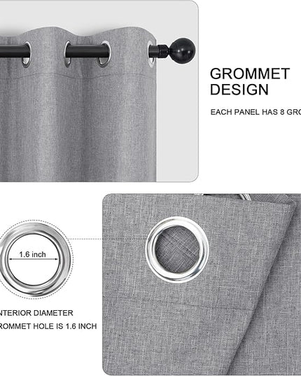 Grey Linen Blackout Curtains 96 Inch Length 2 Panels Set for Bedroom Living Room Grommet 100% Black Out Linen Drapes Room Darkening Window Curtains 96 Inches Long Gray