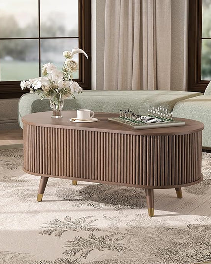Oval Coffee Table with Storage, 42.5” Fluted Coffee Table with Lifting Top & Solid Wood Legs, Mid Century Modern Center Table for Living Room, Home Office, Walnut