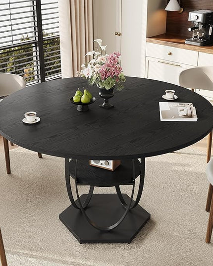Round Dining Table for 4, 3-Tier Dinner Room Tables with Storage Shelf, Space Saving Small Kitchen Table, Farmhouse Dinner Table with Wooden Tabletop and Hexagonal Base (Black, 47inch)