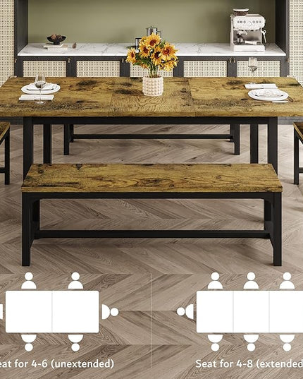 iPormis 5-Piece Dining Table Set for 4-8 People, Extendable Kitchen Table Set with 2 Benches and 2 Square Stools, Mid-Century Dining Room Table with Metal Frame & MDF Board, Saving Space, Rustic Brown