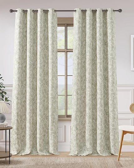 Lazzzy Linen Farmhouse Green Floral Lined Curtains 96 Inch Length Grommet Top Drapes for Living Room Bedroom Flower Patterned Country Vintage Curtains 2 Panels Set Green on Beige