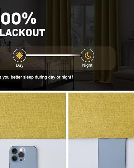 100% Blackout Linen Textured Curtains 84 Inch Length 2 Panels Set for Living Room, Bedroom, Light Weight Curtains with Grommets Top, Full Blackout Curtains Privacy Protection, Gold, 52" W x 84" L