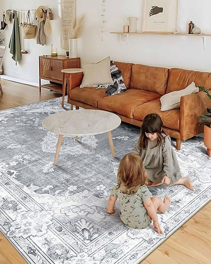MUJOO Grey Rug 6'x9',Washable Area Rugs for Living Room Bedroom Dining Room, Large Boho Vintage Farmhouse Distressed Non Slip Carpet,Floral Flowers
