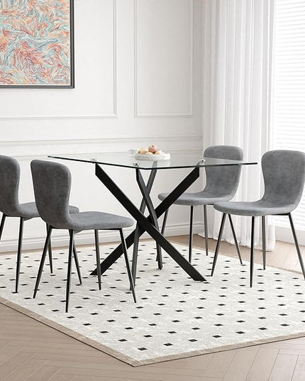 5 Piece Dining Table Table Set, Tempered Glass Dining Table Set for 4 Kitchen Table Set with 4 Chairs for Kitchen Dining Room (Black Table with Grey Chair)