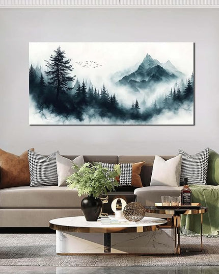 Foggy Forest Wall Art White Wall Decor Black Canvas Mountain Pictures Large Nature Artwork for Living Room Bedroom Dining Room Office 29" x 59"