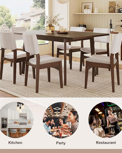 7-Piece Dining Set Modern Dinner Table set for 6, Wood Dining Table with 6 Upholstered Chairs, 60" Rectangular Table with Stackable Chairs Padded Seat Backrest for Dining Room Kitchen Apartment