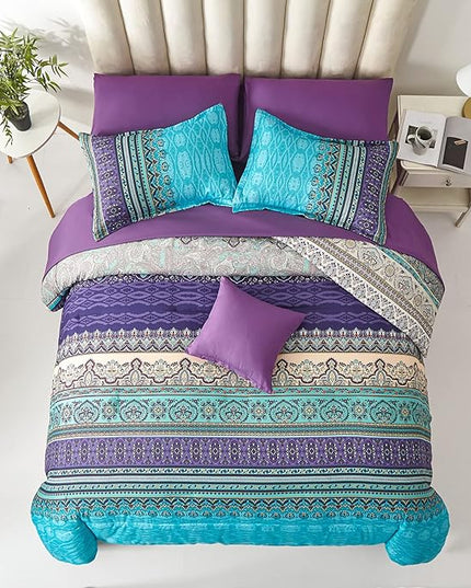Cottolester Boho Comforter Set King Size 8 Piece Bed in a Bag Bohemian Striped Bedding Quilt Set Aqua Paisley Floral Comforter and Sheet Set,Soft Microfiber Complete Bedding Sets for All Season