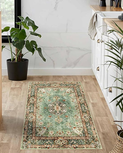 Small Rugs 2x3,Green Rug for Entryway Bathroom Bedroom Kitchen Entrance Doormat,Boho Vintage Bohemian Distressed Washable Oriental Accent Floor Throw Carpet Non Slip