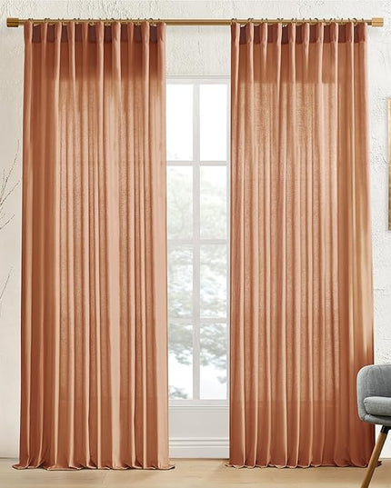 XTMYI 70 Inches Wide Terracotta Country Curtains for Living Room,Sheer Linen Curtains for Bedroom 96 Inches Long