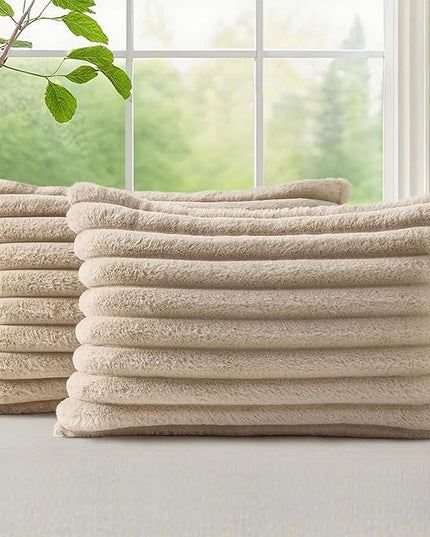 decorUhome Faux Fur Spring Throw Pillow Covers 12x20 Set of 2, Decorative Soft Plush Striped Neutral Couch Euro Pillow Covers with Velvet Back for Sofa, Bed, Living Room Home Decor, Khaki Brown