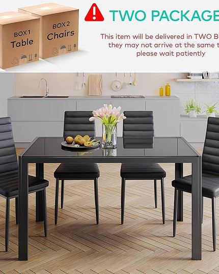 Gizoon 5 Piece Glass Dining Table Set, Kitchen and Chairs for 4, PU Leather Modern Room Sets for Home, Kitchen, Living Room