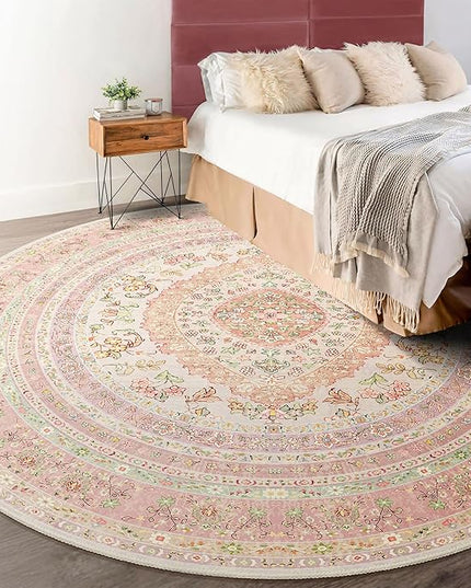 Round Area Rugs 6ft Washable,Pink Rug for Living Room Bedroom Dining Room,Circle Boho Vintage Bohemian Distressed Farmhouse Carpet Non Slip,Blush Floral
