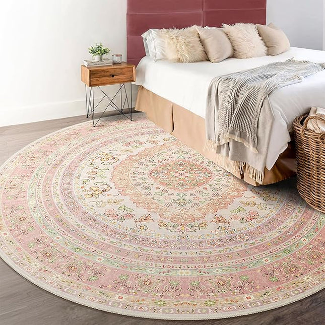 Round Area Rugs 6ft Washable,Pink Rug for Living Room Bedroom Dining Room,Circle Boho Vintage Bohemian Distressed Farmhouse Carpet Non Slip,Blush Floral