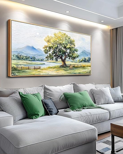 PHAOHUAXM Large Farmhouse Wall Decor For Living Room Wall Art For Bedroom Office Decor Green Tree Ink-Wash Landscape Painting Artwork Canvas Printing Pictures Wall Home Decor 30x60In Wood Framed