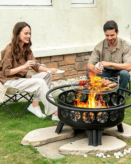 38” Wood Burning Fire Pits for Outside,3-in-1 Fire Pit with Grill, Spark Screen & Fire Poker,Outdoor Firepit Table with Swivel Cooking Grate for Yard BBQ Bonfire Patio Camping (38 inch)