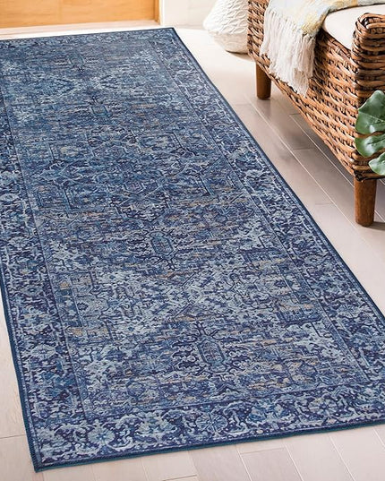 ReaLife Rugs Machine Washable Area Rug Runner - Living Room Bedroom Bathroom Kitchen Entryway Office - Padded Low Pile Stain Resistant Premium - Boho Vintage Traditional - Lyle - Blue 2'6" x 6'