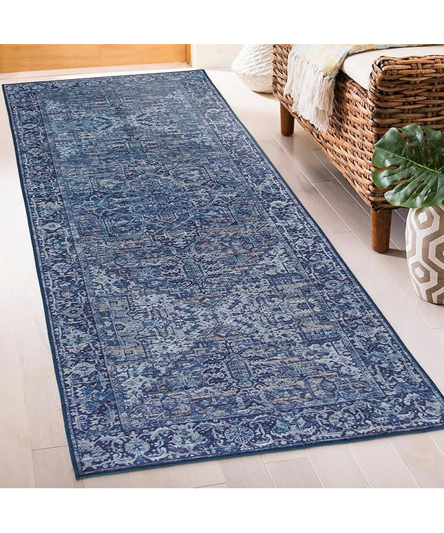 ReaLife Rugs Machine Washable Area Rug Runner - Living Room Bedroom Bathroom Kitchen Entryway Office - Padded Low Pile Stain Resistant Premium - Boho Vintage Traditional - Lyle - Blue 2'6" x 8'