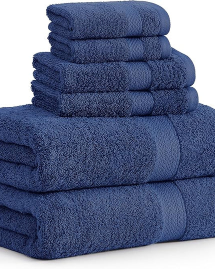 LANE LINEN 100% Cotton Bathroom Towel Set - 6 Pieces - Ring Spun, Super Soft & Highly Absorbent - 2 Bath, 2 Washcloths, 2 Hand Towels for Bathroom - Minimal Lint & Fading, Pre Shrunk - Navy Blue