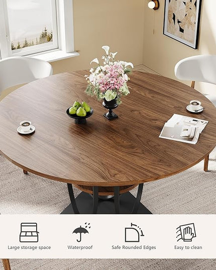 Round Dining Table for 4-6, 3-Tier Dinner Room Tables with Storage Shelf, Space Saving Small Kitchen Table, Farmhouse Dinner Table with Wooden Tabletop and Hexagonal Base (Walnut, 47inch)