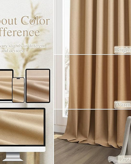 Guken 100% Blackout Linen Curtains 96 Inch Length 2 Panels Set for Living Room Bedroom Back Tab Thermal Insulated Black Out Linen Drapes Room Darkening Window Curtains,Camel Brown