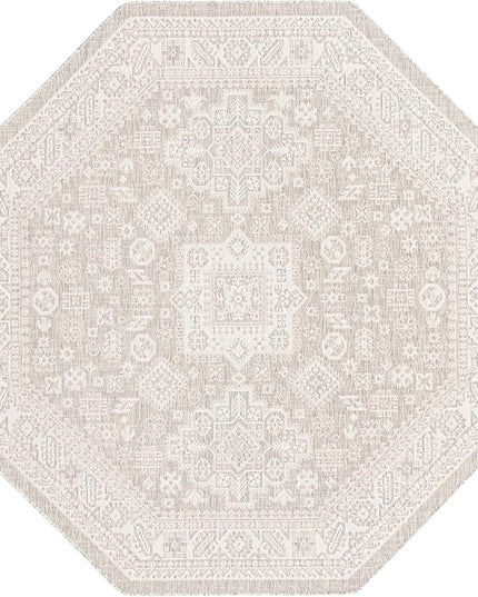 Rugs.com Outdoor Aztec Collection Rug – 8 Ft Octagon Light Gray Flatweave Rug Perfect for Living Rooms, Kitchens, Entryways