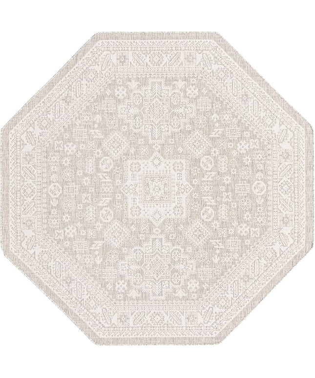 Rugs.com Outdoor Aztec Collection Rug – 8 Ft Octagon Light Gray Flatweave Rug Perfect for Living Rooms, Kitchens, Entryways