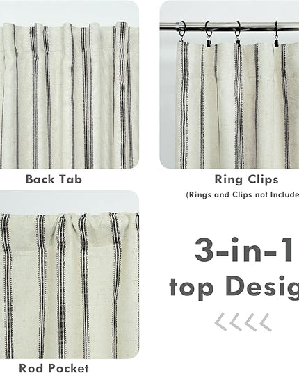 DriftAway Farmhouse Linen Blend Blackout Curtains 84 Inches Long for Bedroom Vertical Striped Printed Linen Curtains Thermal Insulated Lined Treatments for Living Room 2 Panels W52 x L84 Linen Black
