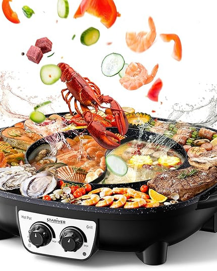 Stariver Hot Pot Electric with Grill 2 in 1, Indoor Korean BBQ & Shabu Shabu, Features Easy-clean Non-stick Coating, Dual Controls, 1800W Fast Heating, Perfect for Family Gatherings or Friends Parties