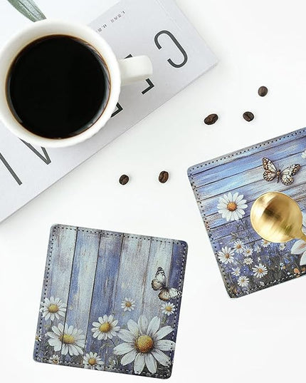 Marble Coasters Square Leather Drinks Coaster Set with Holder for Coffee Table Bar Home Decor 4 Inches Set of 6 (Butterfly, One Size)