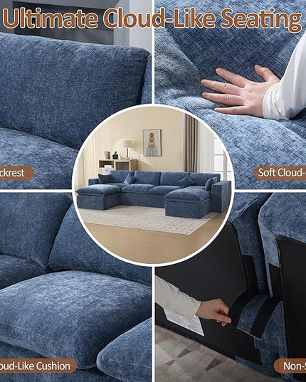 155''Cloud Boneless Sectional Couch, Modular Sectional Sofa Deep Seat with 2 Ottomans, Oversized Upholstered Convertible Comfy 6 Seater Chenille Sofa U Shape Couches for Living Room, Blue