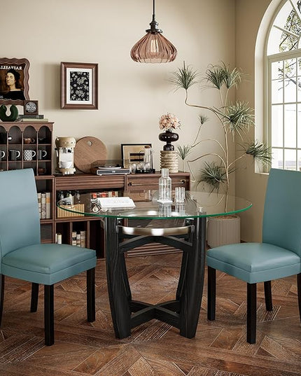 PADMA HOUSE Round Glass Dining Table Set for 6, 45in Modern Kitchen Small Wood Dinner Table with 6 Parsons Leather Dining Chairs 7 Piece Dining Room Table Chair Set, Clear&Light Blue