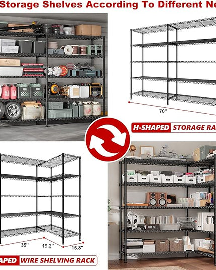 REIBII 70" W Storage Shelves Load 1600LBS,Metal Shelving 5-Tier Wire Shelving Unit Garage Shelving for Storage Adjustable Metal Shelves for Pantry Kitchen Garage Commercial, 70" W*15.8" D*72.4" H