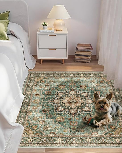 Green Washable Entry Rug - 4x4 Area Rugs for Kitchen Bedroom Bedside Bathroom Entryway Non Slip with Rubber Backing Low Pile Ultra Soft Stain Resistant Small Carpet (Green, 4x4)