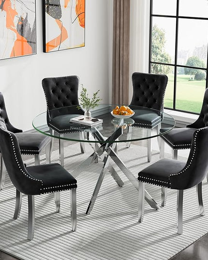 Round Glass Dining Table Set for 6, 47'' Clear Circular Kitchen Table and Chairs Set, 7PCS Modern Circle Dining Room Table Set with 6 Velvet Dining Chair for Home
