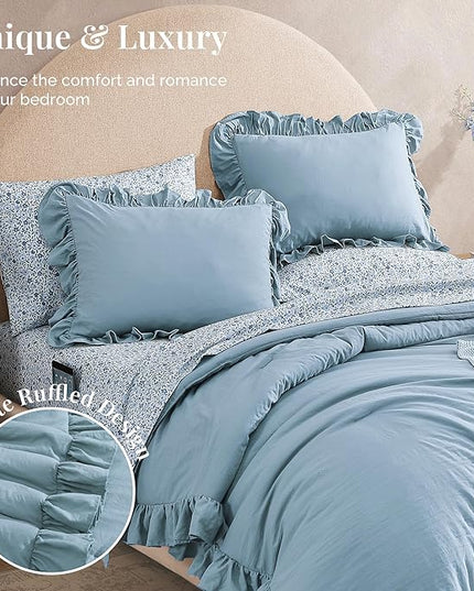 Queen Comforter Set - 7 Pieces Ruffle Blue Bedding Sets, Shabby Chic Farmhouse Bed in a Bag Queen with Ruffle Comforter, Floral Sheets, Pillowcases & Shams