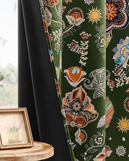 XiDi Green Floral Curtains 63 Inches Long 2 Panels Vintage Patterned Blackout Curtains for Bedroom Living Room Thermal Insulated Grommet Luxury Cottage Core Botanical Printed Drapes Moss Green 52x63