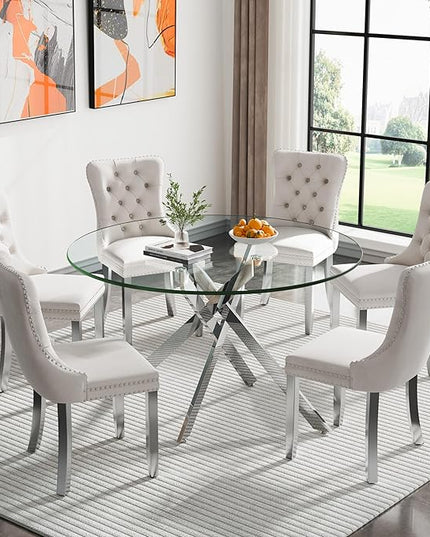 Round Glass Dining Table Set for 6, 47'' Clear Circular Kitchen Table and Chairs Set, 7PCS Modern Circle Dining Room Table Set with 6 Velvet Dining Chair for Home