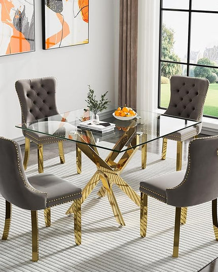 Glass Dining Table Set for 4, Square 36" Dining Table with Gold Cross Metal Leg, 4 Gray Velvet Dining Chairs with Stainless Steel Legs, Modern Glass Kitchen Table and Chairs Set for Small Space