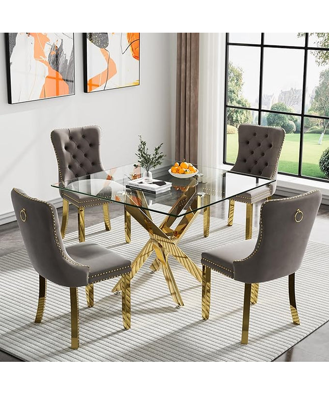 Glass Dining Table Set for 4, Square 36" Dining Table with Gold Cross Metal Leg, 4 Gray Velvet Dining Chairs with Stainless Steel Legs, Modern Glass Kitchen Table and Chairs Set for Small Space